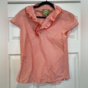 Short sleeve orange&white stripe top xElizabeth McKay gold accents ruffle collar